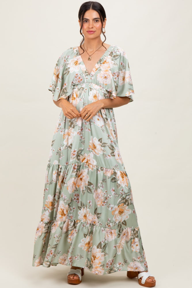 Sage Floral Print Elbow Sleeve V-Neck Tiered Maxi Dress