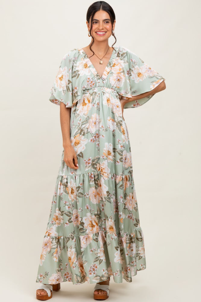 Sage Floral Print Elbow Sleeve V-Neck Tiered Maxi Dress