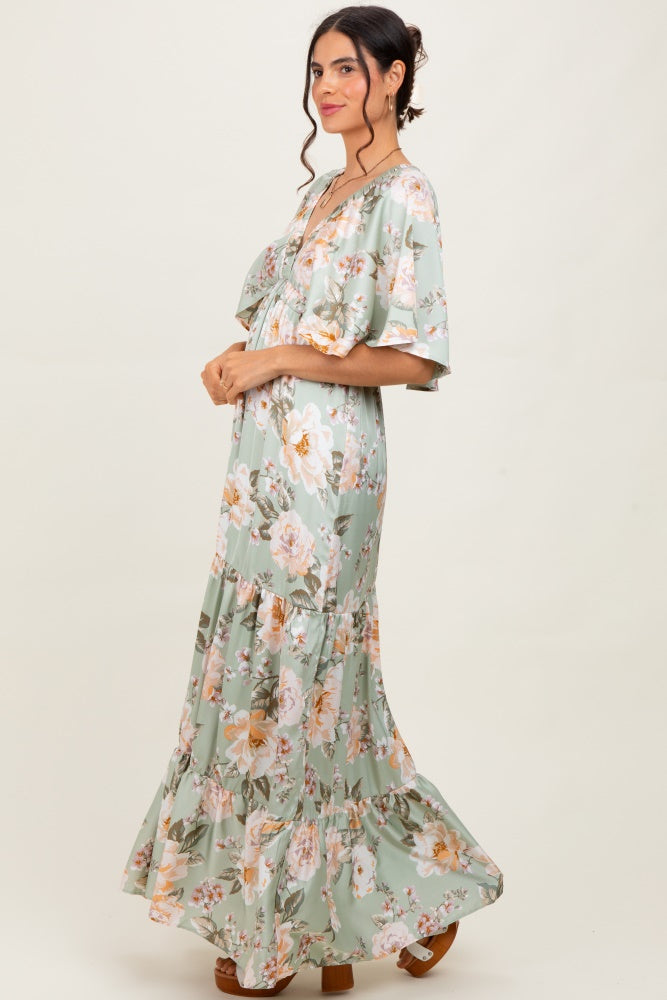 Sage Floral Print Elbow Sleeve V-Neck Tiered Maxi Dress