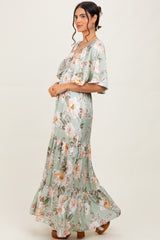 Sage Floral Print Elbow Sleeve V-Neck Tiered Maxi Dress