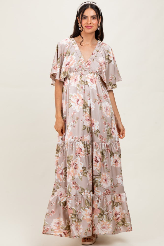 Taupe Floral Print Elbow Sleeve V-Neck Tiered Maxi Dress