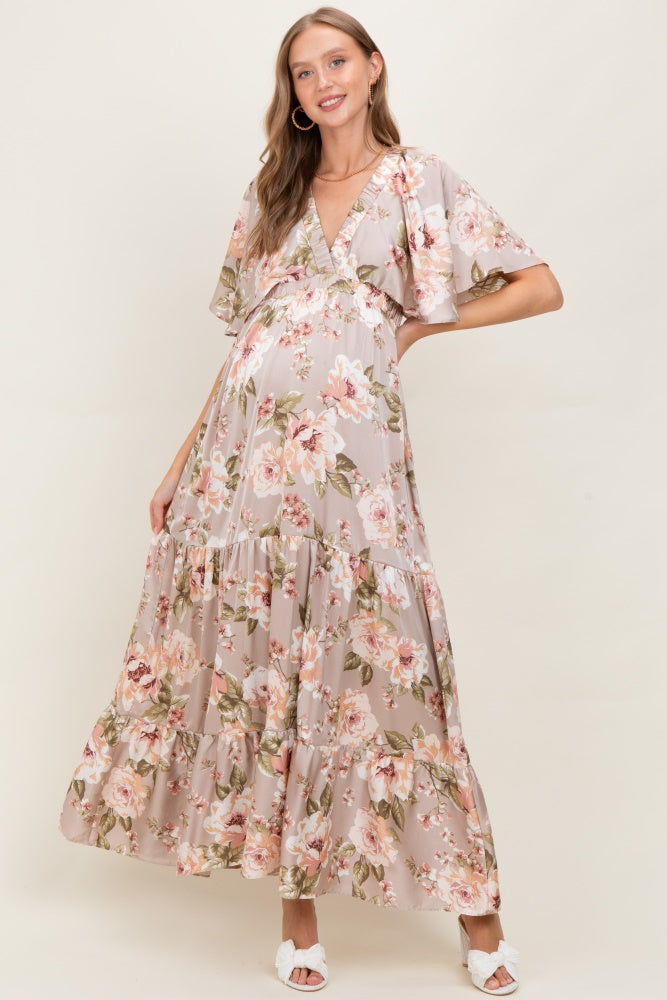 Taupe Floral Print Elbow Sleeve V-Neck Tiered Maternity Maxi Dress