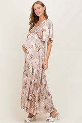Taupe Floral Print Elbow Sleeve V-Neck Tiered Maternity Maxi Dress