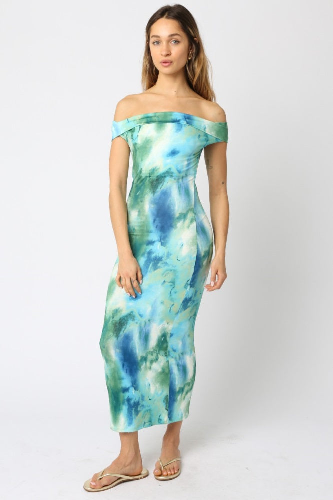 Blue Tie Dye Off Shoulder Maxi Dress