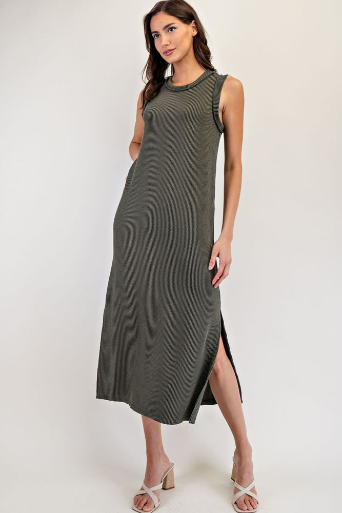 Olive Ribbed Sleeveless Side Slit Midi Dress