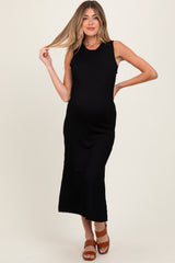 Black Ribbed Sleeveless Side Slit Maternity Midi Dress