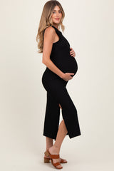 Black Ribbed Sleeveless Side Slit Maternity Midi Dress