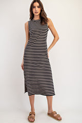 Black Striped Sleeveless Side Slit Maternity Midi Dress
