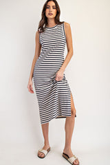 Beige Striped Sleeveless Side Slit Maternity Midi Dress