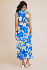 Blue Tropical Print Front Tie Sleeveless Button Up Dress