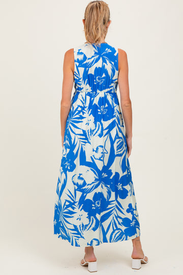 Blue Tropical Print Front Tie Sleeveless Button Up Maternity Dress