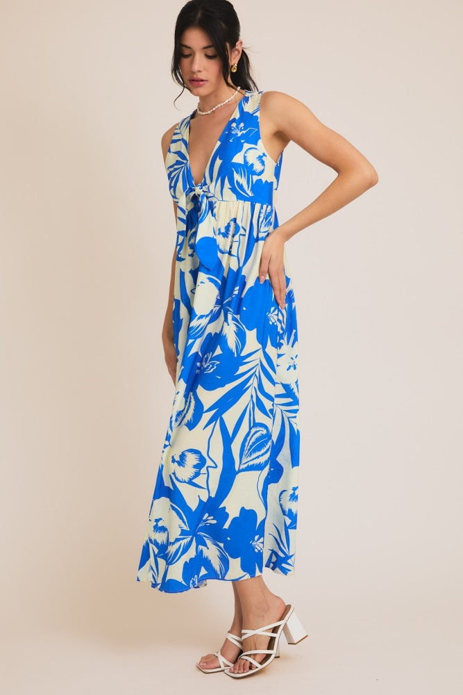 Blue Tropical Print Front Tie Sleeveless Button Up Dress