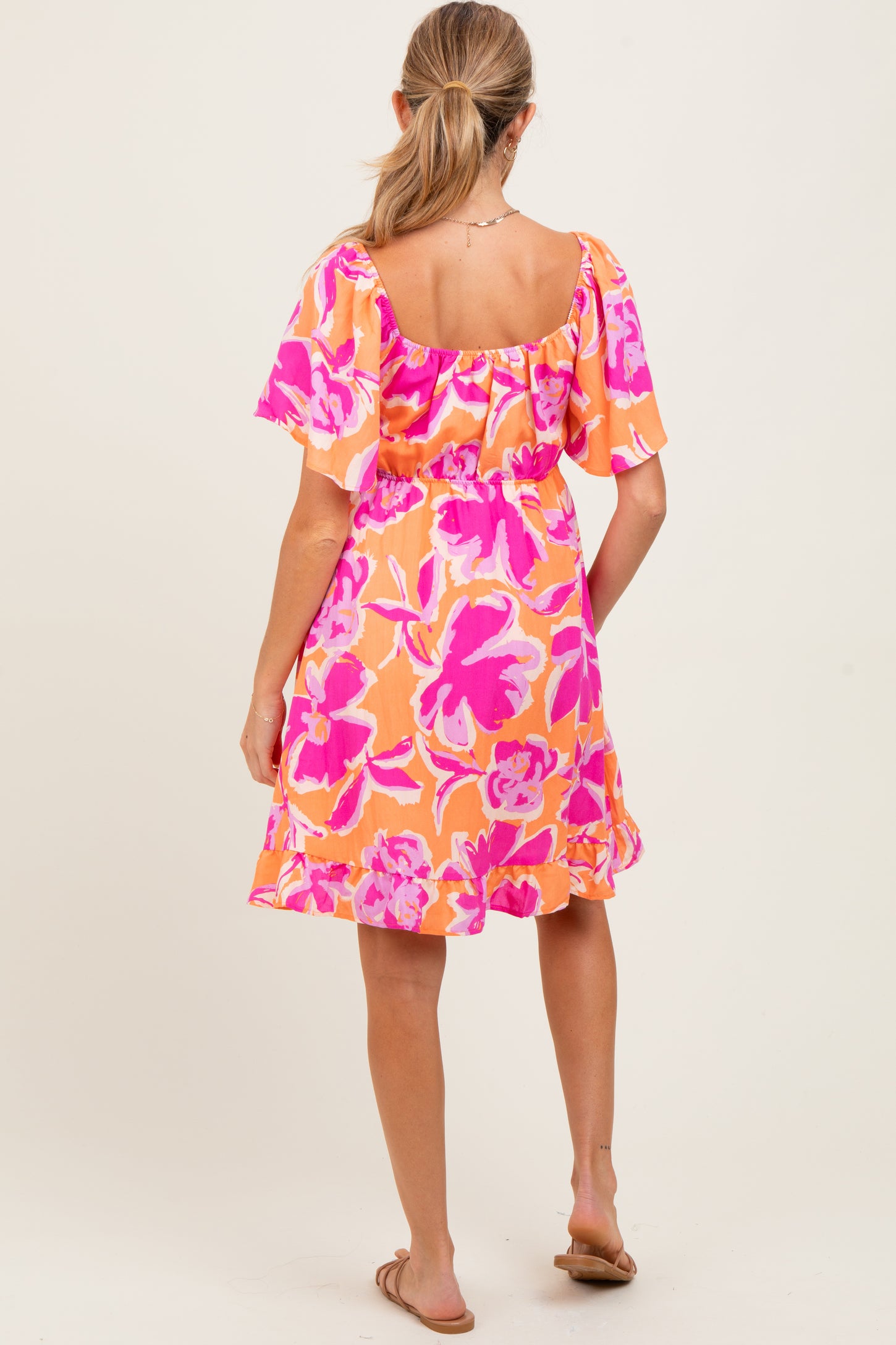 Orange Abstract Floral Cinch Bust Maternity Dress