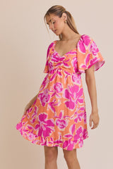 Orange Abstract Floral Cinch Bust Dress