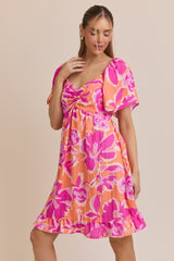 Orange Abstract Floral Cinch Bust Dress