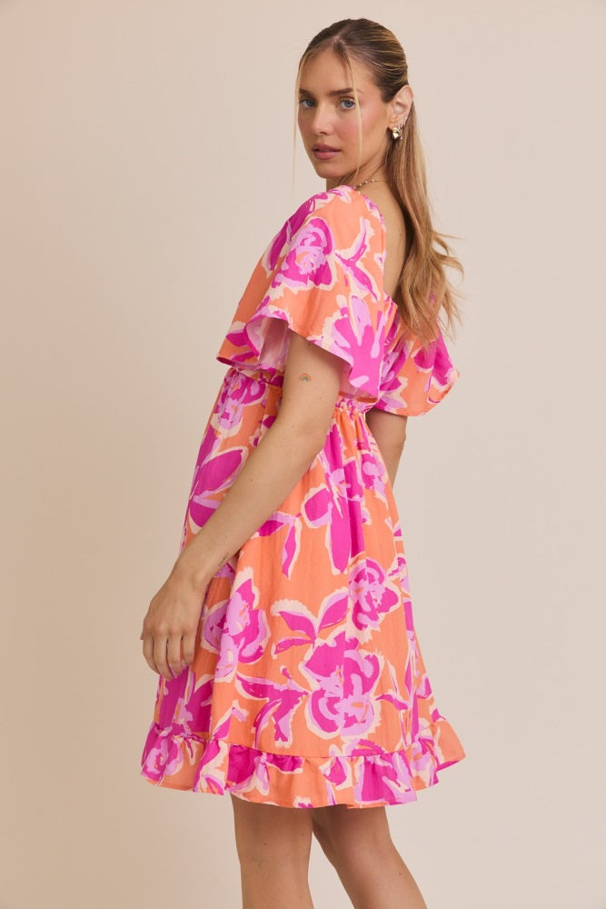 Orange Abstract Floral Cinch Bust Dress