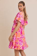 Orange Abstract Floral Cinch Bust Dress