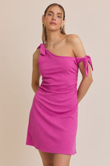 Magenta One Shoulder Tie Sleeveless Dress