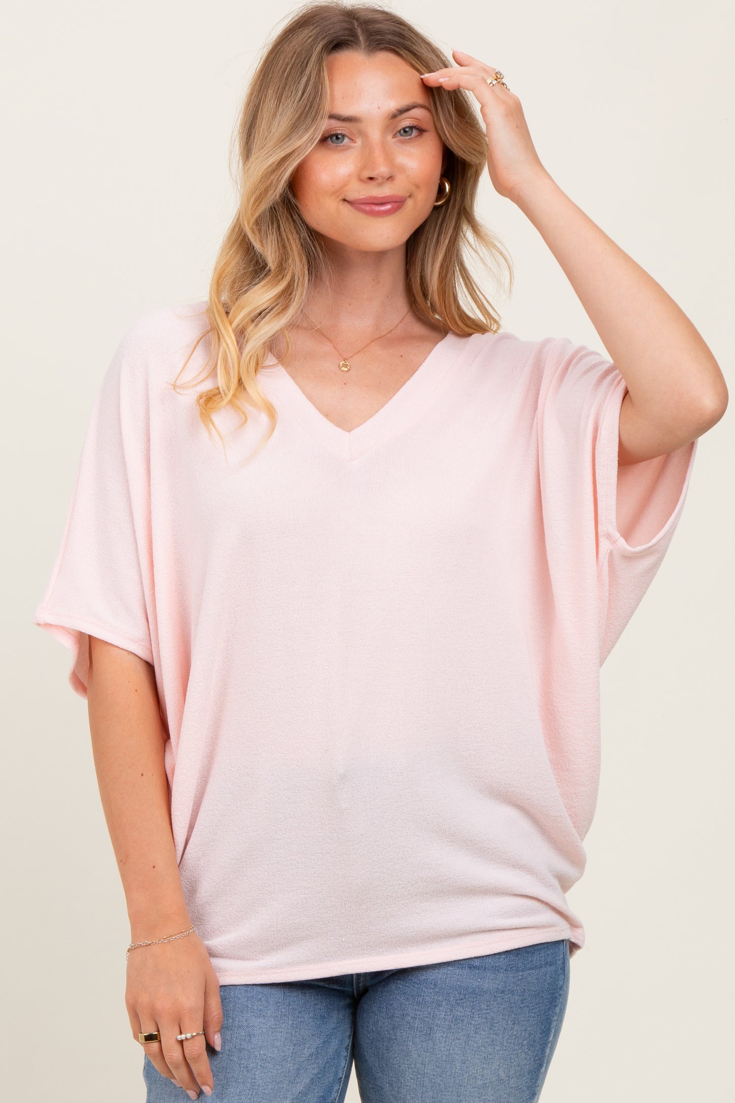 Light Pink V-Neck Crepe Knit Maternity Top