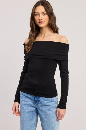 Black Off Shoulder Foldover Long Sleeve Top