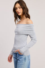 Heather Grey Off Shoulder Foldover Long Sleeve Top