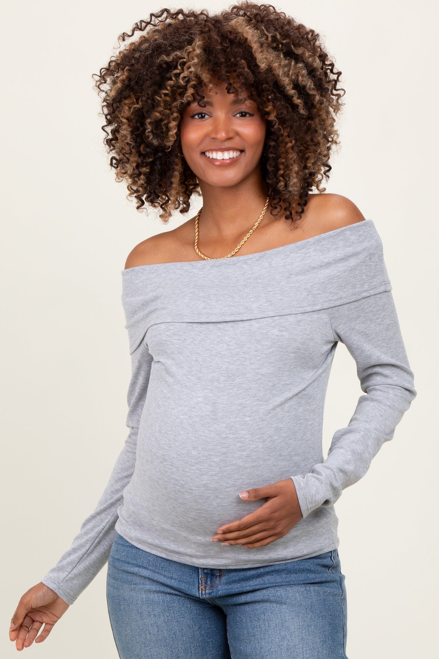 Heather Grey Off Shoulder Foldover Maternity Long Sleeve Top