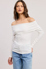 White Off Shoulder Foldover Long Sleeve Top
