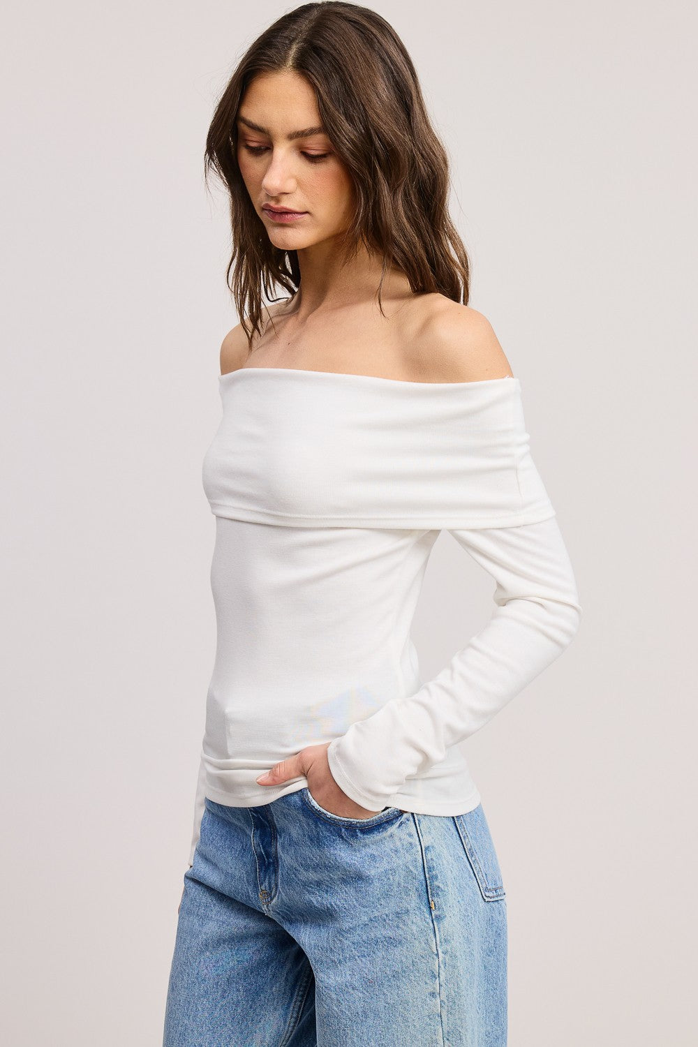 White Off Shoulder Foldover Long Sleeve Top