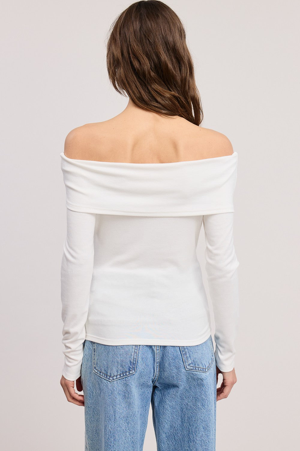 White Off Shoulder Foldover Long Sleeve Top