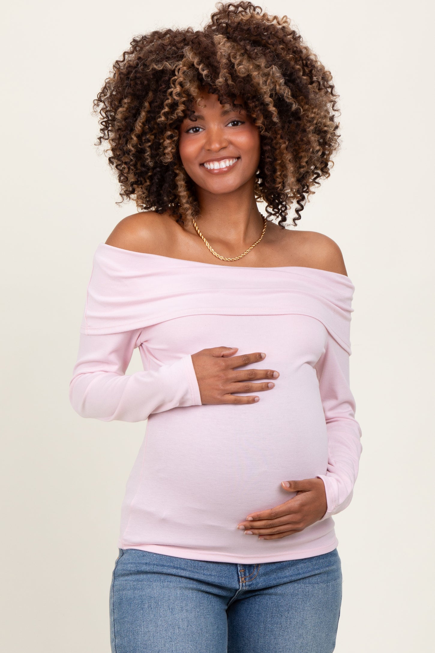 Pink Off Shoulder Foldover Maternity Long Sleeve Top
