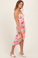 Pink Floral Ruched Tulip Hem Midi Dress