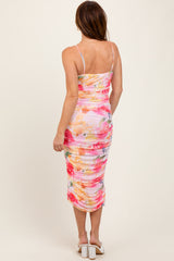Pink Floral Ruched Tulip Hem Midi Dress