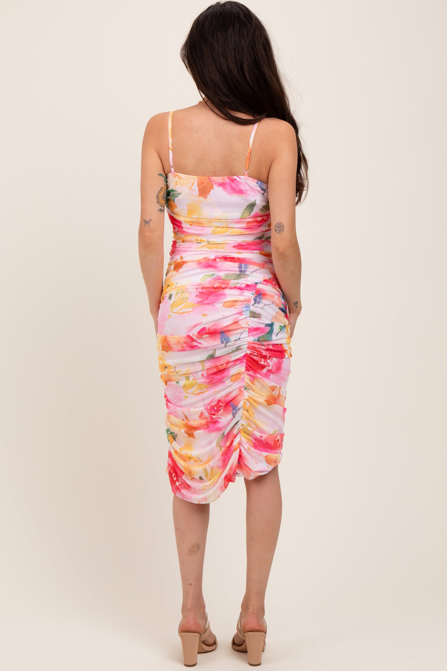 Pink Floral Ruched Tulip Hem Maternity Midi Dress