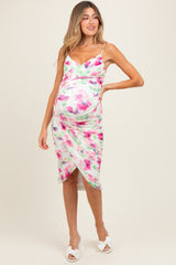 Fuchsia Floral Ruched Tulip Hem Maternity Midi Dress
