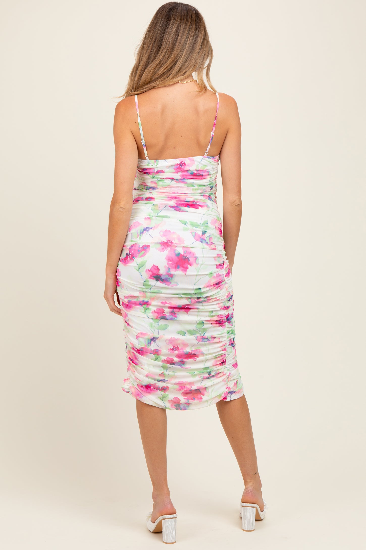 Fuchsia Floral Ruched Tulip Hem Maternity Midi Dress
