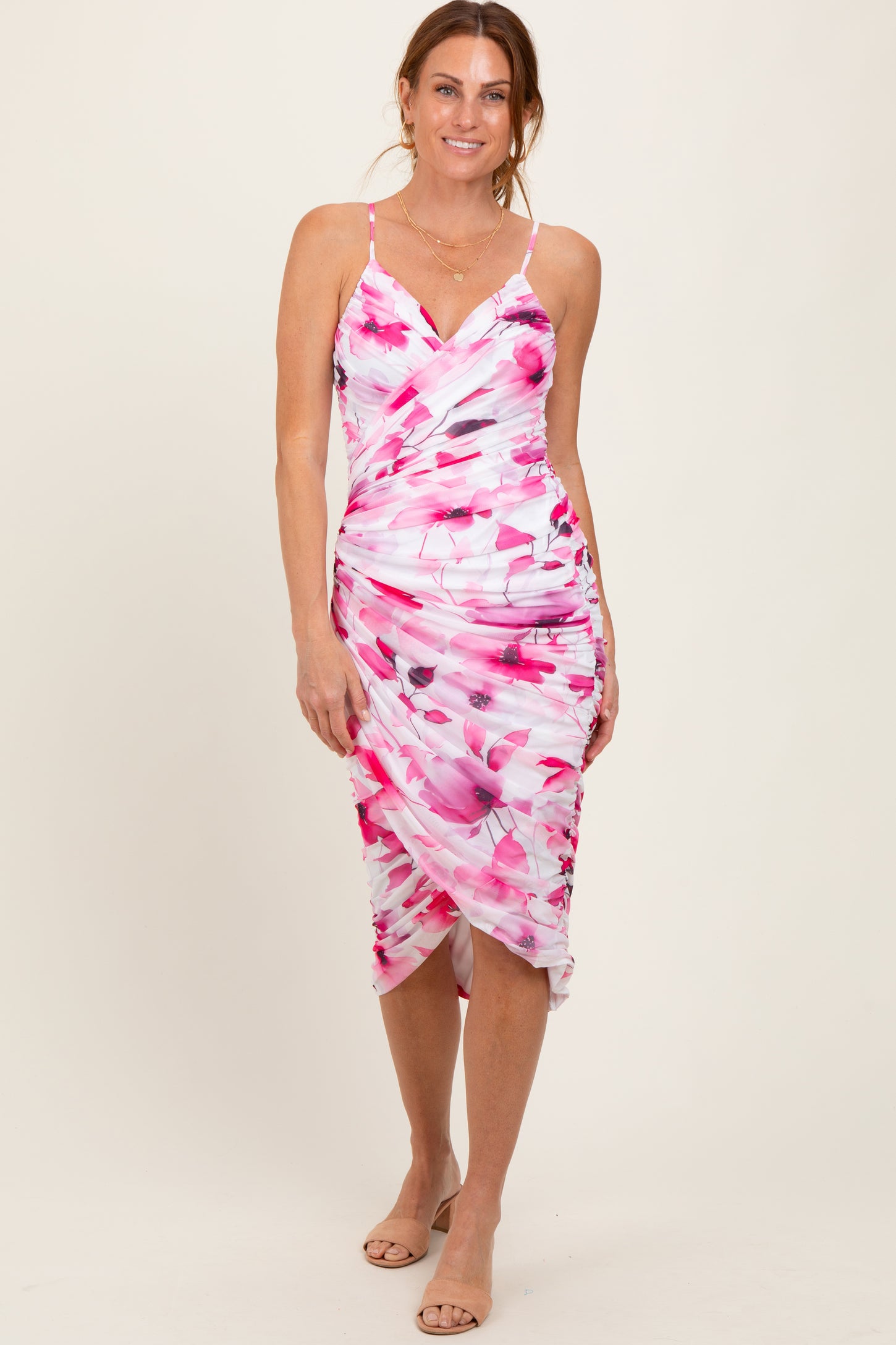 Pink Floral Ruched Tulip Hem Maternity Midi Dress