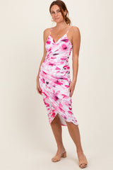 Pink Floral Ruched Tulip Hem Midi Dress