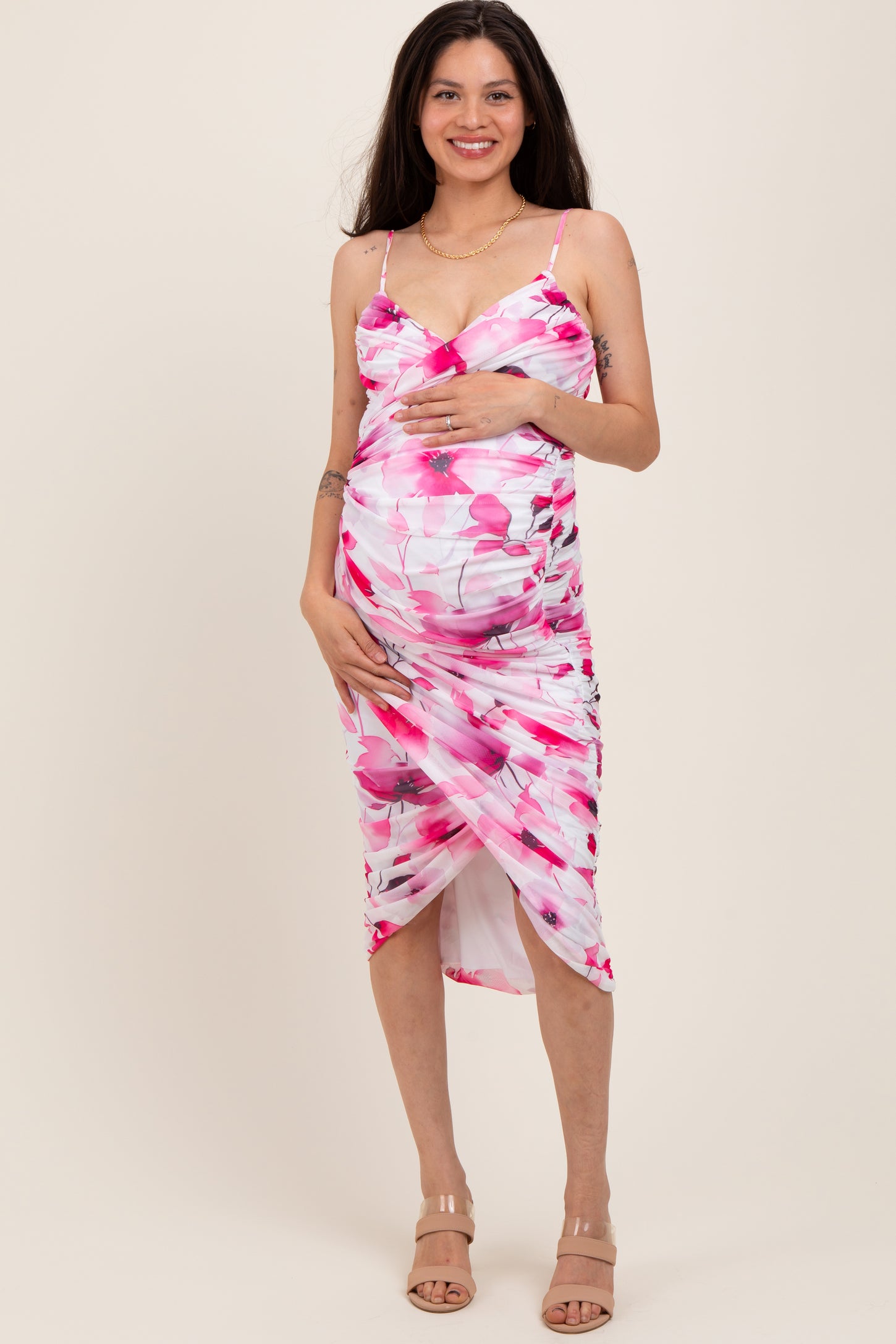 Pink Floral Ruched Tulip Hem Maternity Midi Dress