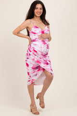Pink Floral Ruched Tulip Hem Maternity Midi Dress