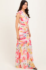 Pink Floral Ruched Mesh One Shoulder Maxi Dress