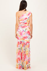 Pink Floral Ruched Mesh One Shoulder Maxi Dress
