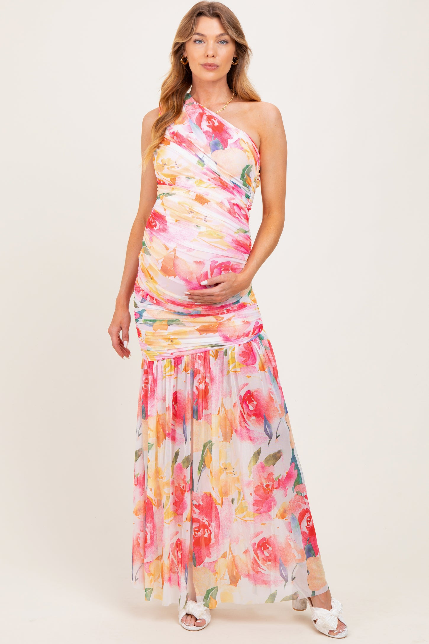Pink Floral Ruched Mesh One Shoulder Maternity Maxi Dress