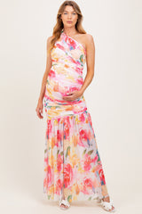 Pink Floral Ruched Mesh One Shoulder Maternity Maxi Dress