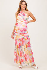 Pink Floral Ruched Mesh One Shoulder Maternity Maxi Dress