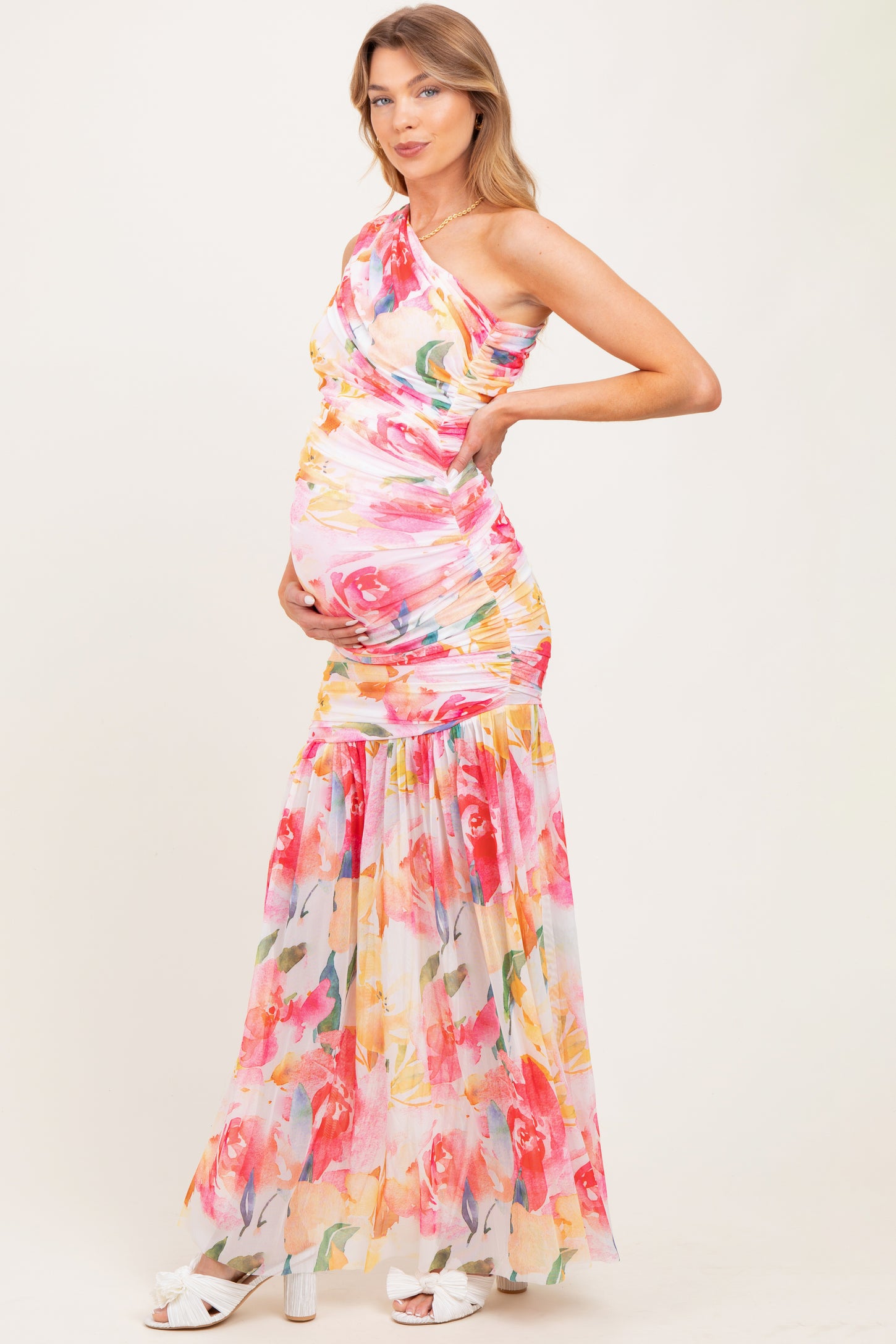 Pink Floral Ruched Mesh One Shoulder Maternity Maxi Dress