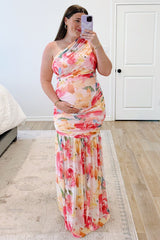 Pink Floral Ruched Mesh One Shoulder Maternity Maxi Dress