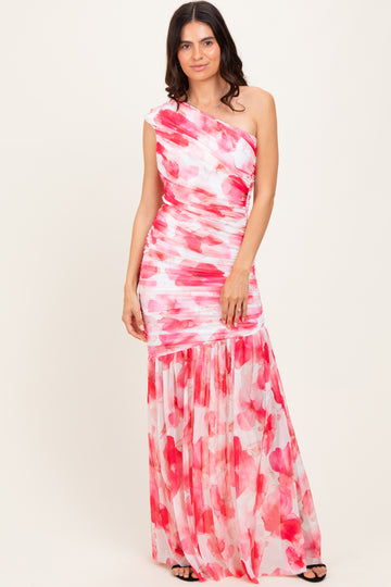 Fuchsia Floral Ruched Mesh One Shoulder Maxi Dress