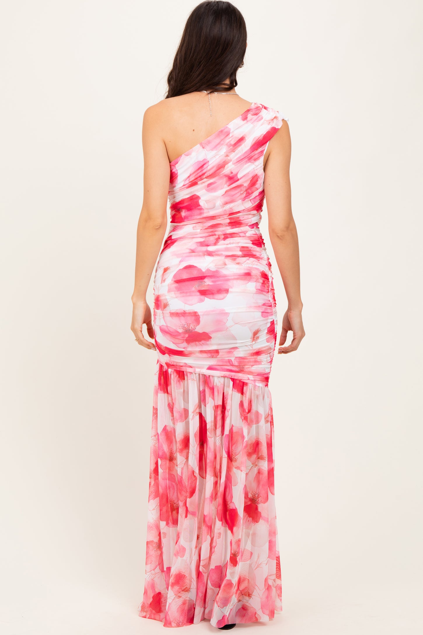 Fuchsia Floral Ruched Mesh One Shoulder Maxi Dress