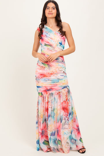 Multicolor Floral Ruched Mesh One Shoulder Maxi Dress