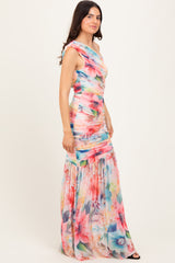 Multicolor Floral Ruched Mesh One Shoulder Maxi Dress